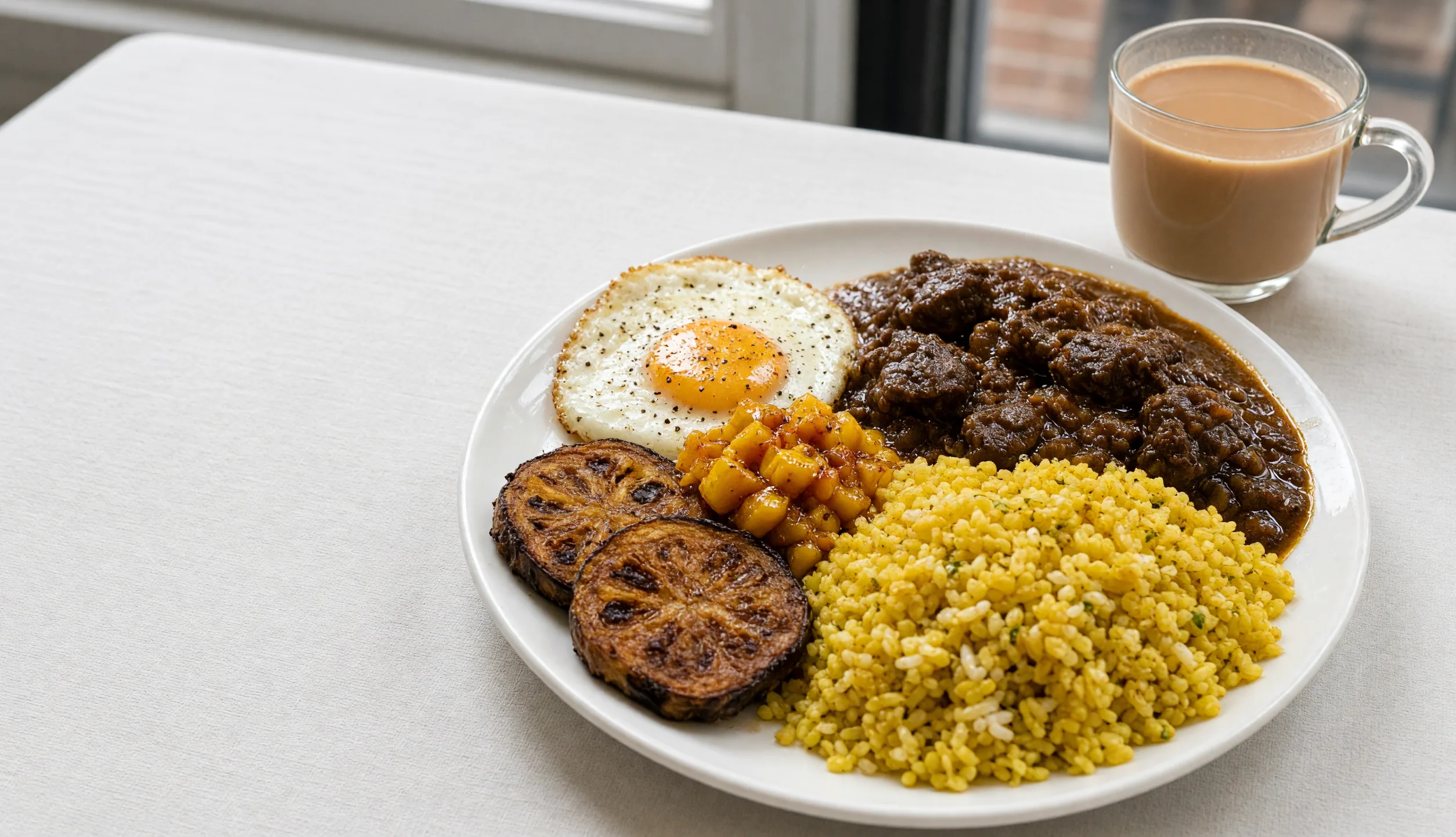 Bhuna khichuri with beef curry, fried egg, eggplant fry and a cup of milk tea on a white tablecloth