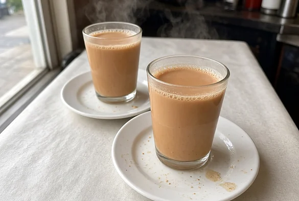Two glasses of milk tea on saucers