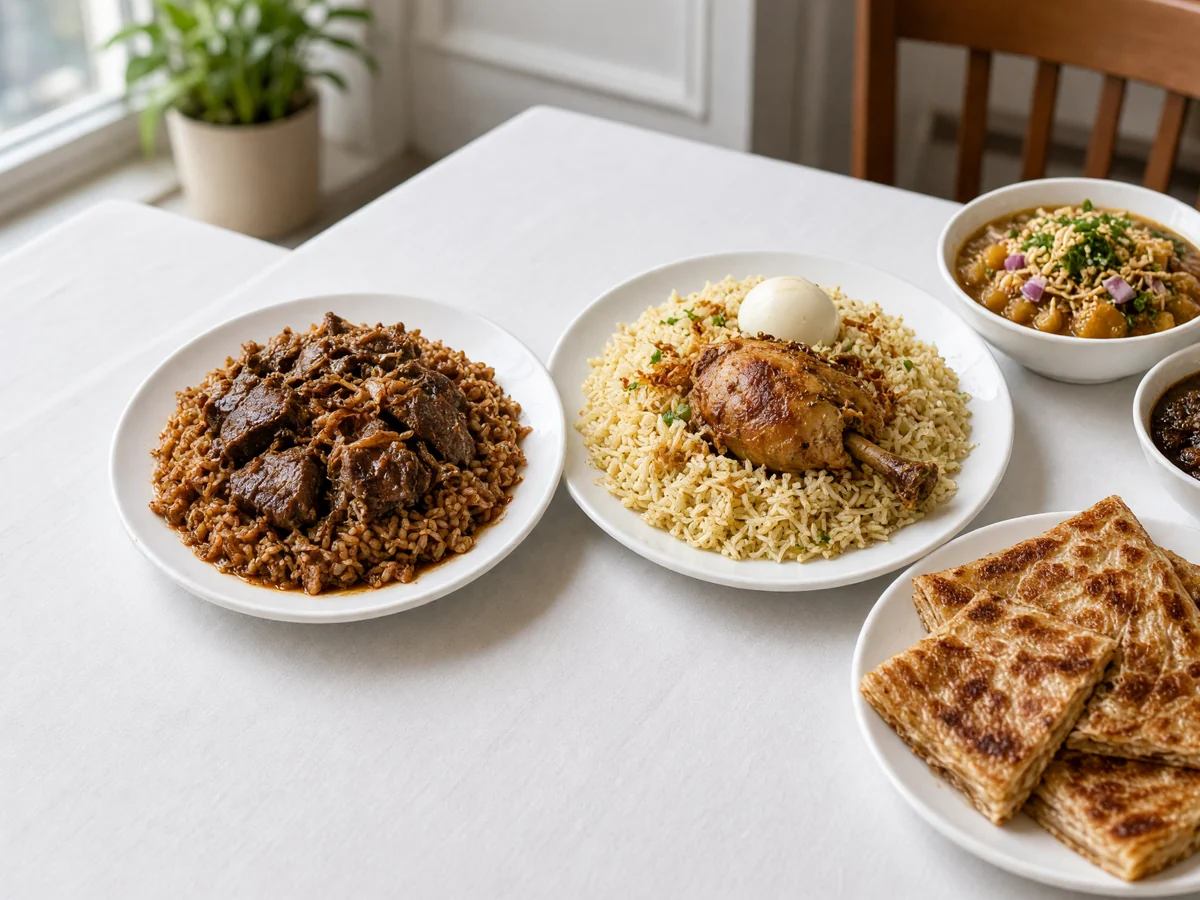 Bangladeshi dishes for a group on one table: rice with chicken and egg, dry beef bhuna, mughlai paratha and bowls of curry
