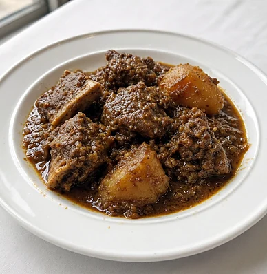 Beef curry with potatoes in a thick dark gravy