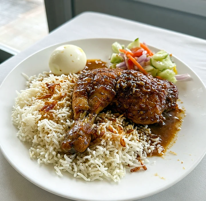 Chicken roast polao with a chicken leg in brown gravy, boiled egg and salad