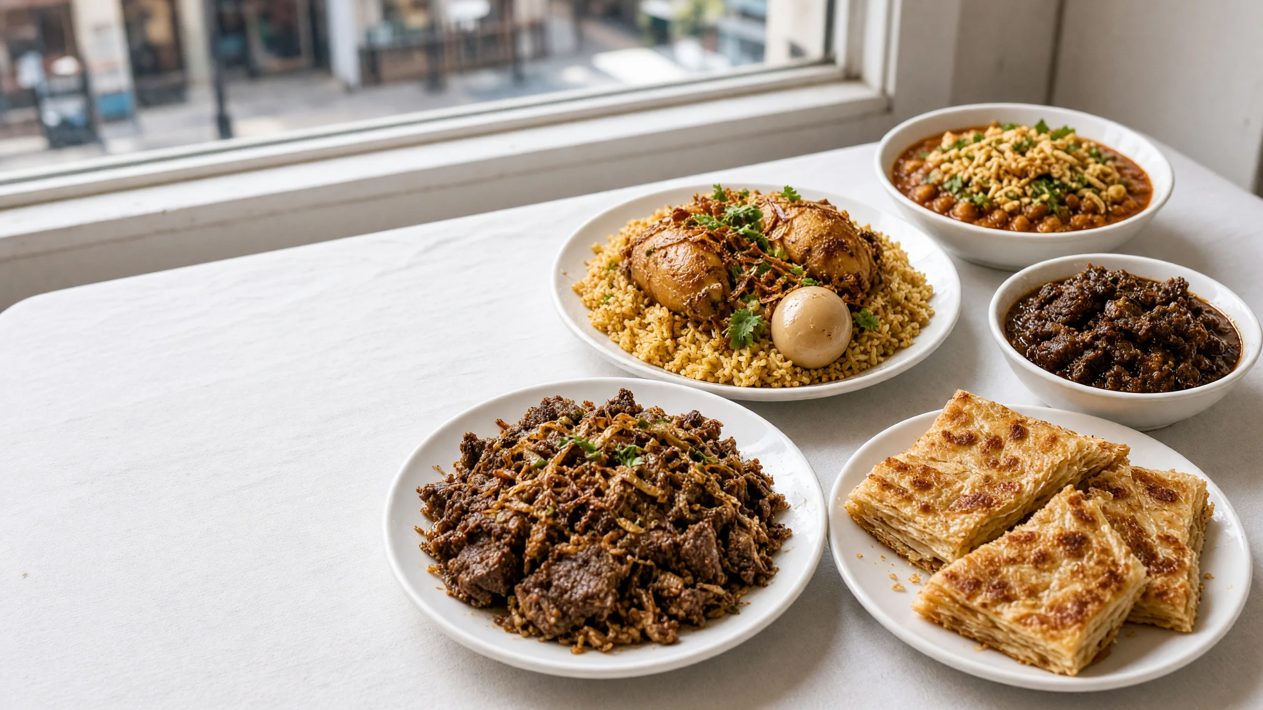 Bangladeshi dishes on a white tablecloth: rice with chicken and egg, dry beef bhuna, mughlai paratha and small bowls of curry