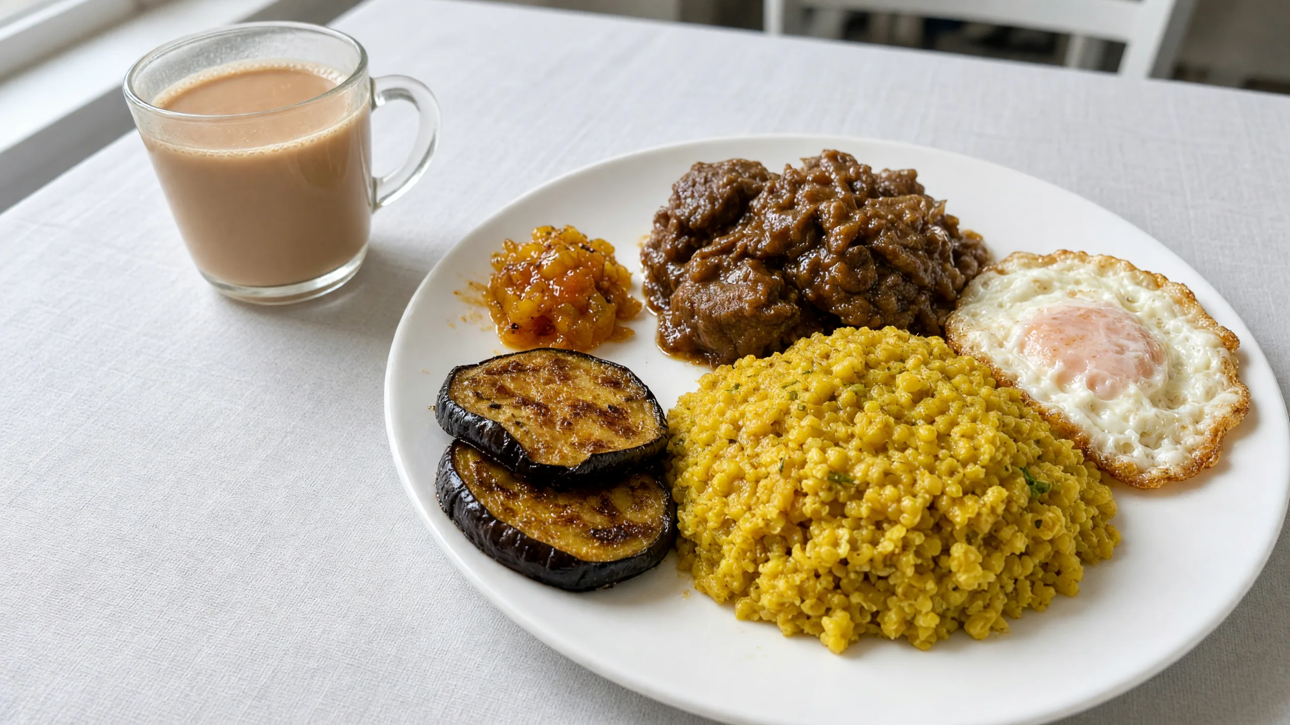 Bhuna khichuri with beef curry, fried egg, eggplant fry and achar, with a cup of milk tea
