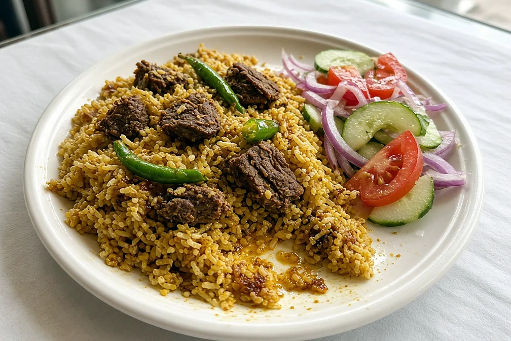 Beef tehari: spiced rice with beef pieces and green chilies, with cucumber, onion and tomato salad