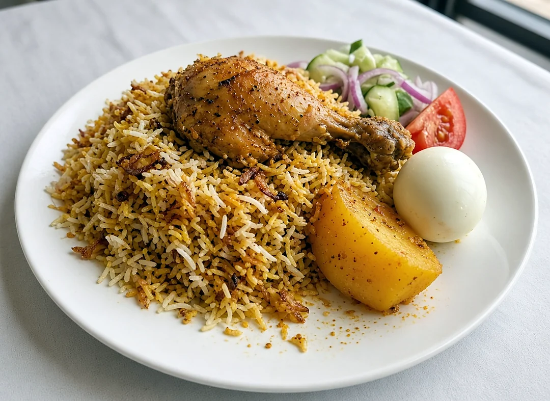 Chicken biryani with a chicken leg, boiled egg and potato, with a little salad