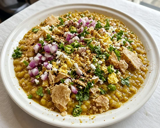 Chotpoti with yellow peas in tamarind gravy, topped with crushed crisp shells, egg, onion, green chili and coriander