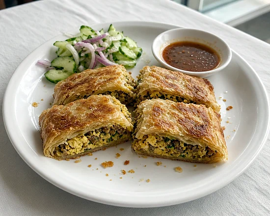 Beef mughlai cut into pieces showing the egg and minced meat filling, with cucumber-onion salad and tamarind sauce